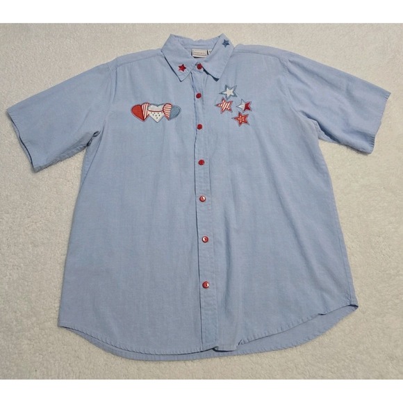Passports Sweaters - VTG Passports Light Blue Chambray L Button Up Women Shirt Patriotic Embroidered
